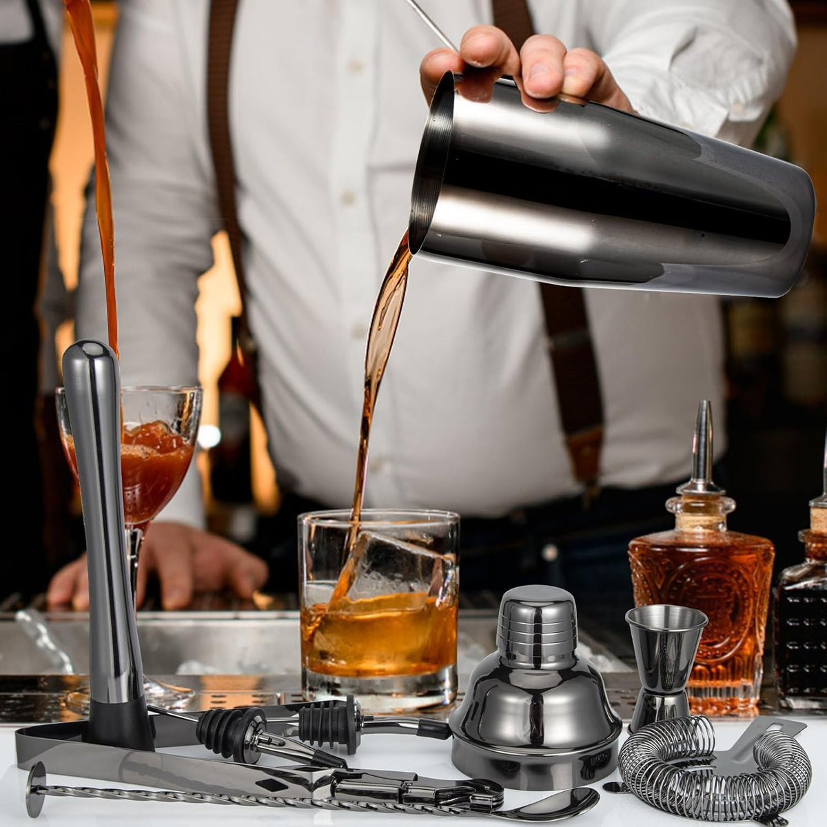 Cocktail Shaker Set, Mixology Bartender Kit 10-Piece Bar Tool Set with Stylish Bamboo Stand, Bar