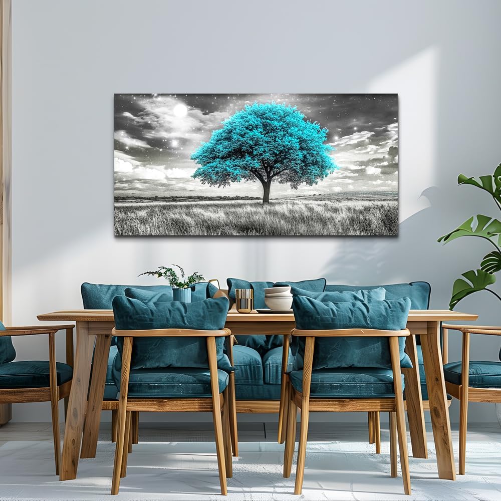 KELIYUAN Modern Canvas Print Wall Art Blue Tree Painting Full Of Stars Black And White Art pictures