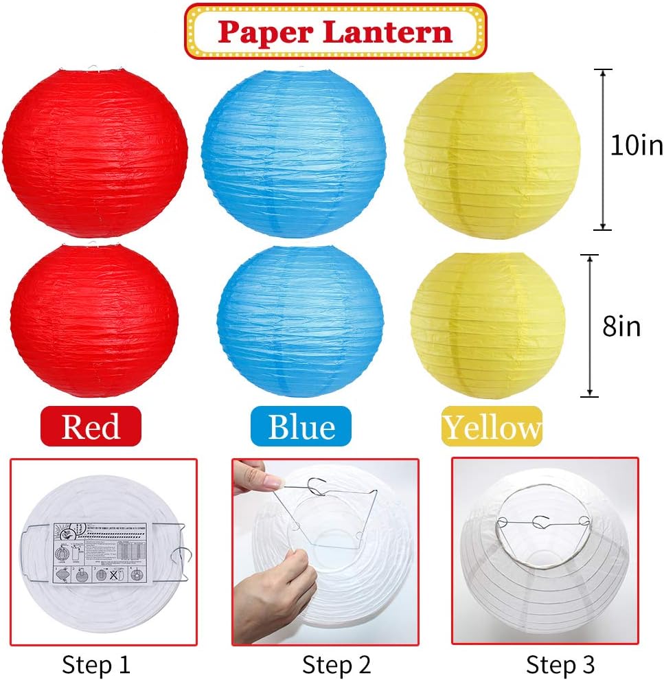 Carnival Circus Party Decorations, Red Yellow Blue Paper Lanterns and Pom Poms Flowers for Birthday