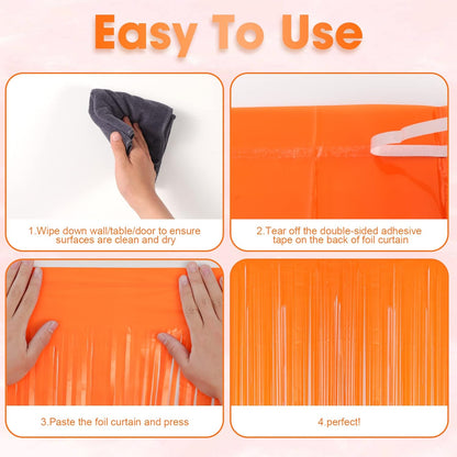 3 Pack 3.3x8.2 Feet Orange Foil Fringe Backdrop Curtains, Tinsel Streamers Birthday Party