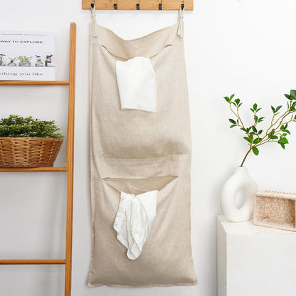 100% Linen Hanging Laundry Bag with 2 Compartments, Over the Door Laundry Hamper, Dirty Clothes