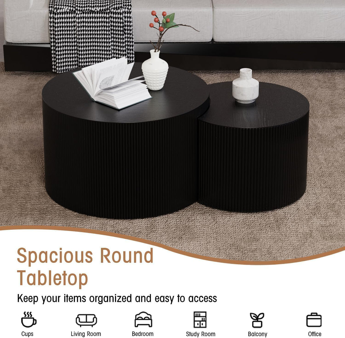 Round Nesting Coffee Table Wood Drum Nesting Tables Modern Stacking Coffee Table Set of 2 Fluted