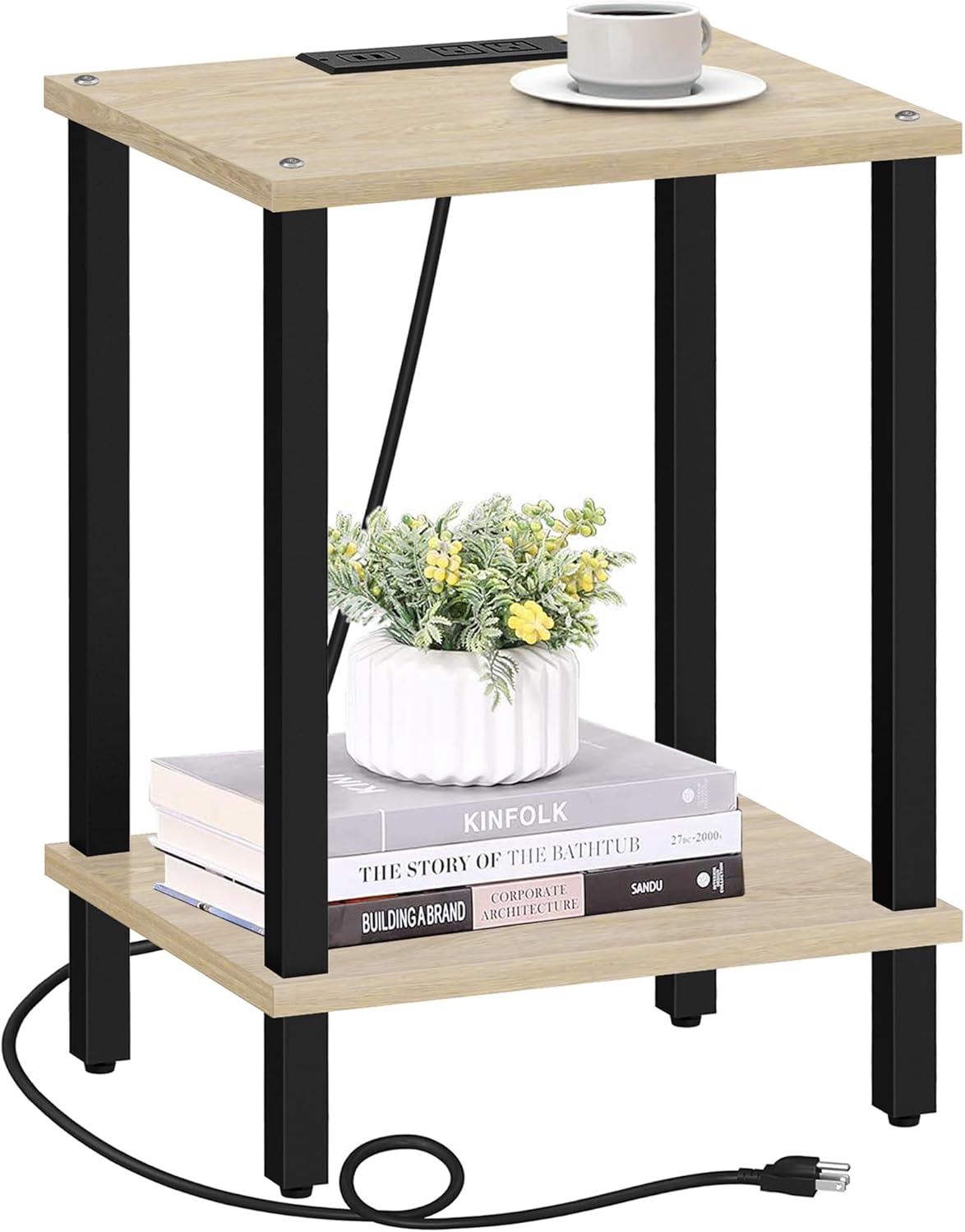 TUTOTAK End Table with Charging Station, Small Side Table with Outlets, Nightstand Bedside Table