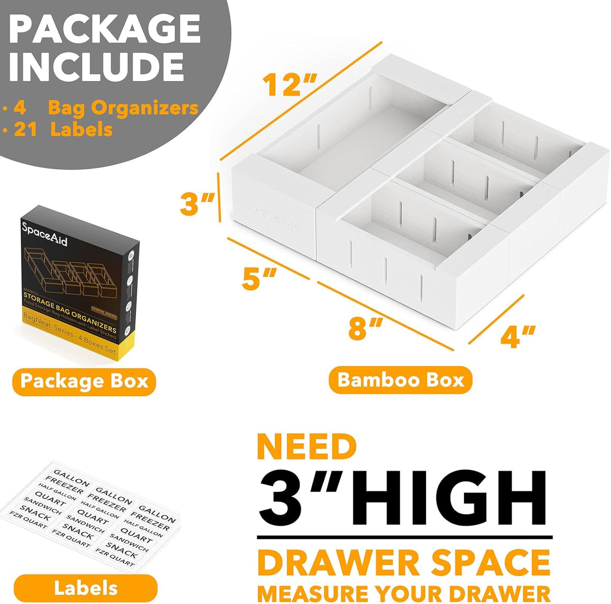 SpaceAid Bag Storage Organizer for Kitchen Drawer, Bamboo Organizer, Compatible with Gallon, Quart