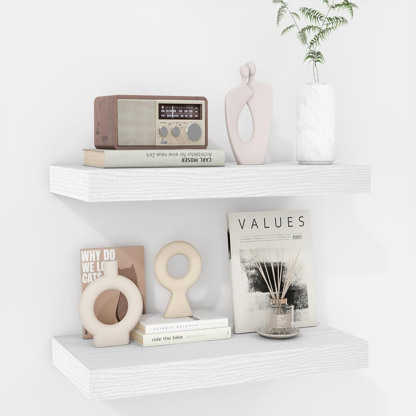 Fun Memories 16 Inch Floating Shelves - Deep Rustic White Wooden Wall Shelves - Extra Deeper &