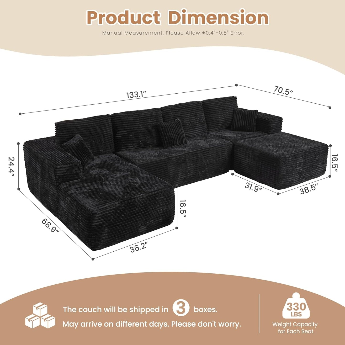 HOOOWOOO Cloud Sectional Couches for Living Room,Modular Sectional Sofa No Assembly,133X70 Inch