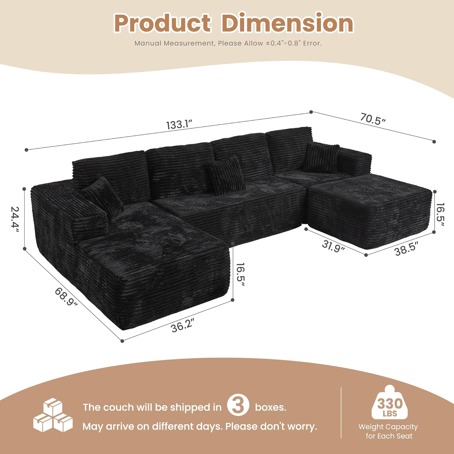 HOOOWOOO Cloud Sectional Couches for Living Room,Modular Sectional Sofa No Assembly,133X70 Inch