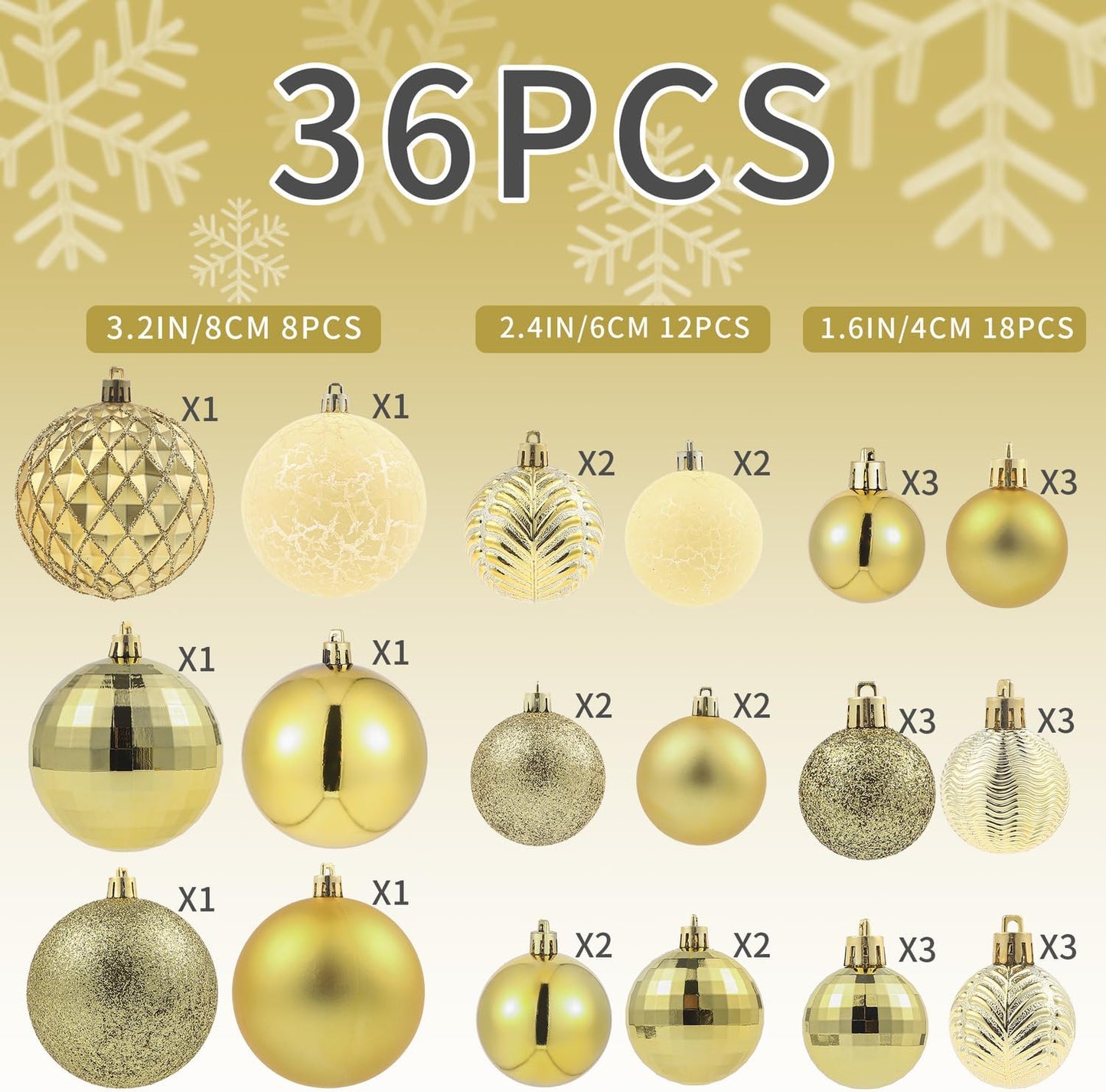 LANGXUN 36pcs Gold Christmas Tree Decorations Balls, Bolas De Navidad, 2025 Christmas Decor, Indoor