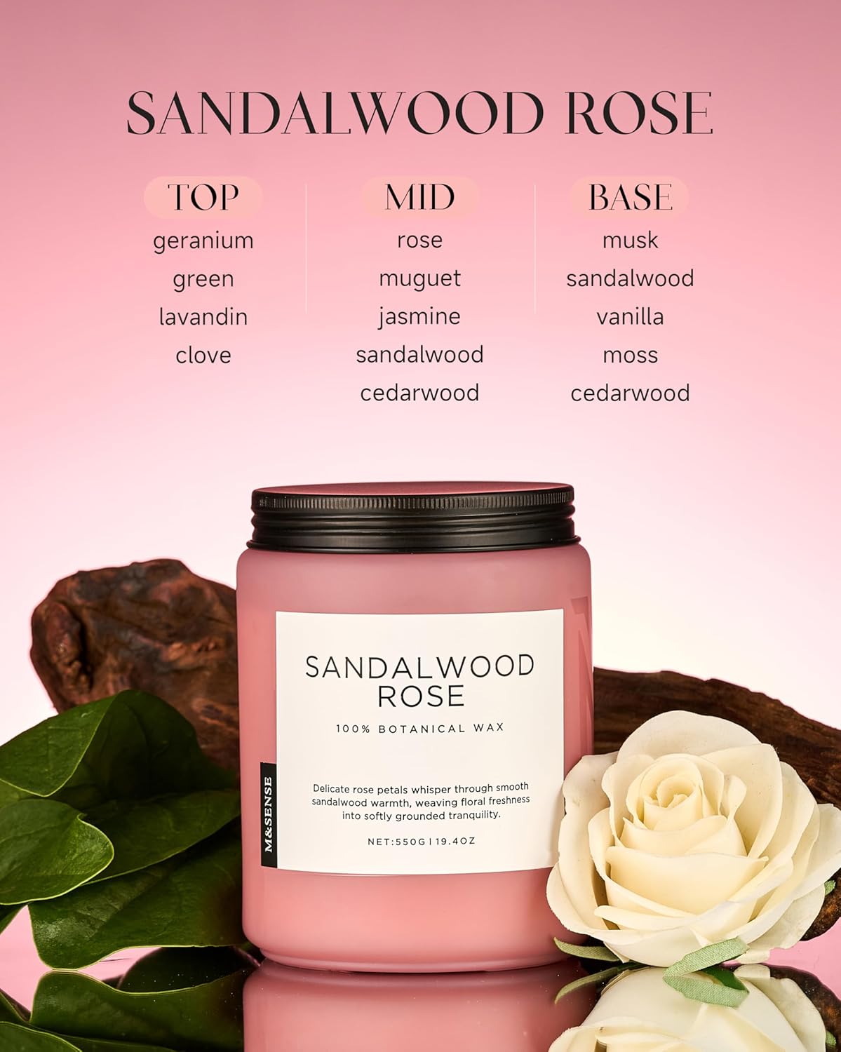 M&SENSE Sandalwood Rose Scented Candle 19.4oz 110 Hours Long Lasting Burn Natural Soy Wax Strong