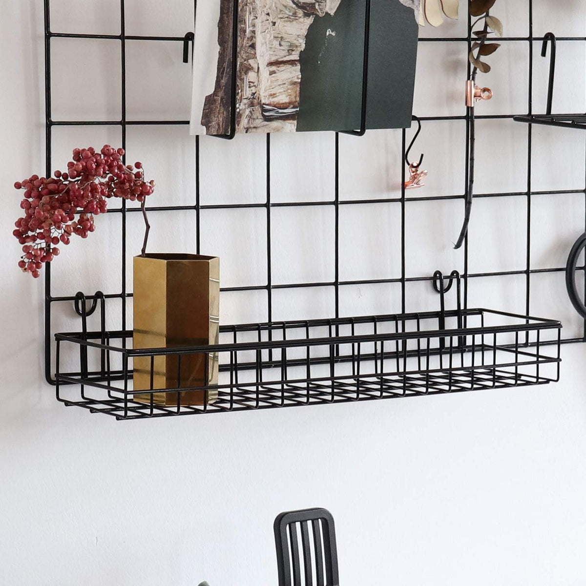 FRIADE Wall Grid Panel Hanging Basket with Hooks,Bookshelf,Display Shelf,Wall Organizer and Metal