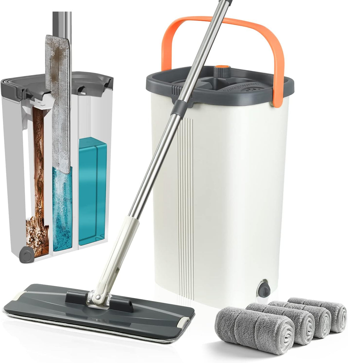 Jelymark Flat Mop and Bucket with Wringer Set, Separates Dirty and Clean Water, 3-Chamber Mop Wet