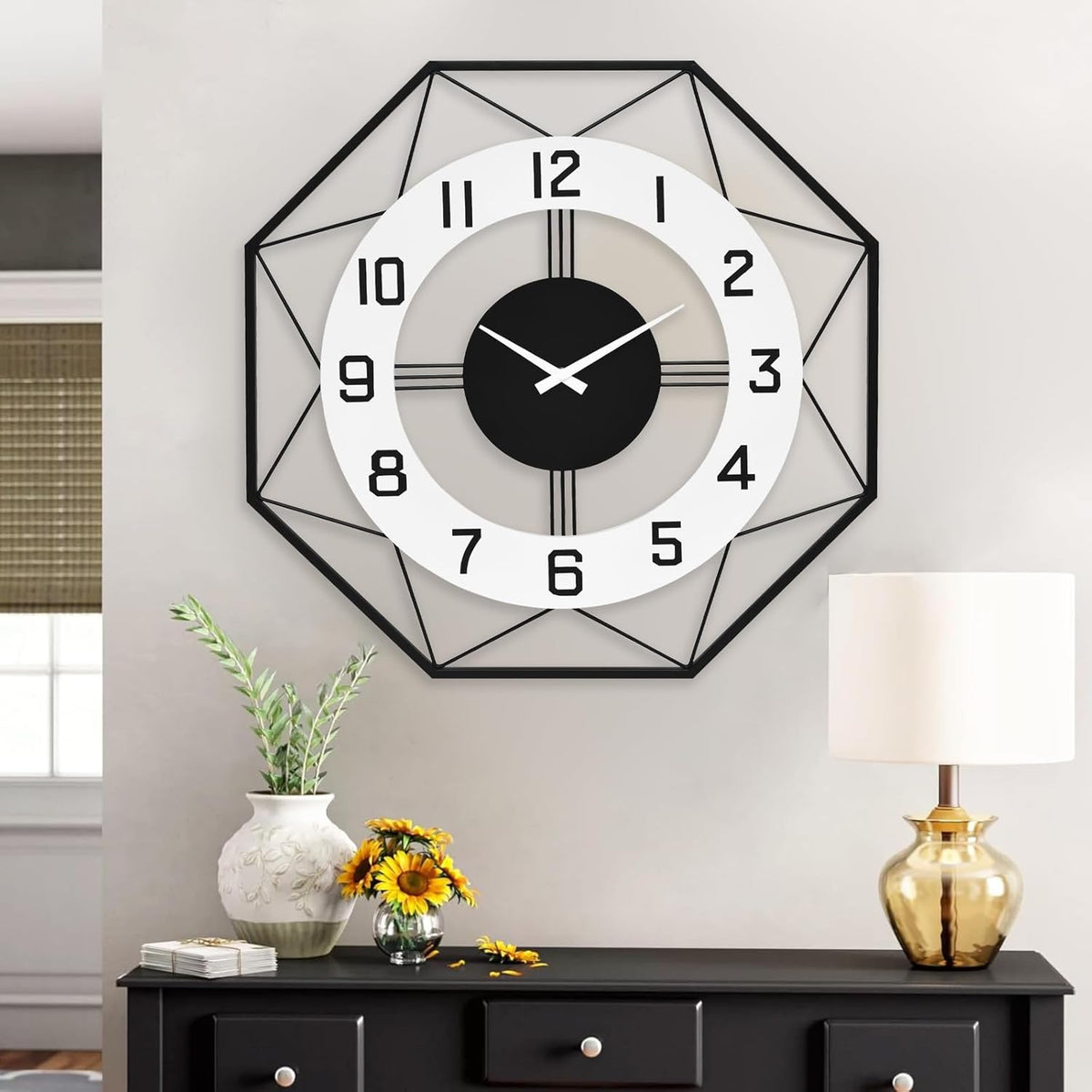 Modern Look Wall Clock – Large Decorative Silent Clock for Living Room Decor, 24 Inch Geometric