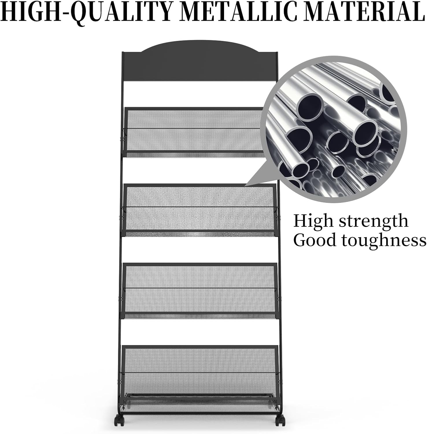 Floor-Standing Magazine Rack 4-Layer with Wheels, Semi-arched top Brochure Display Stand