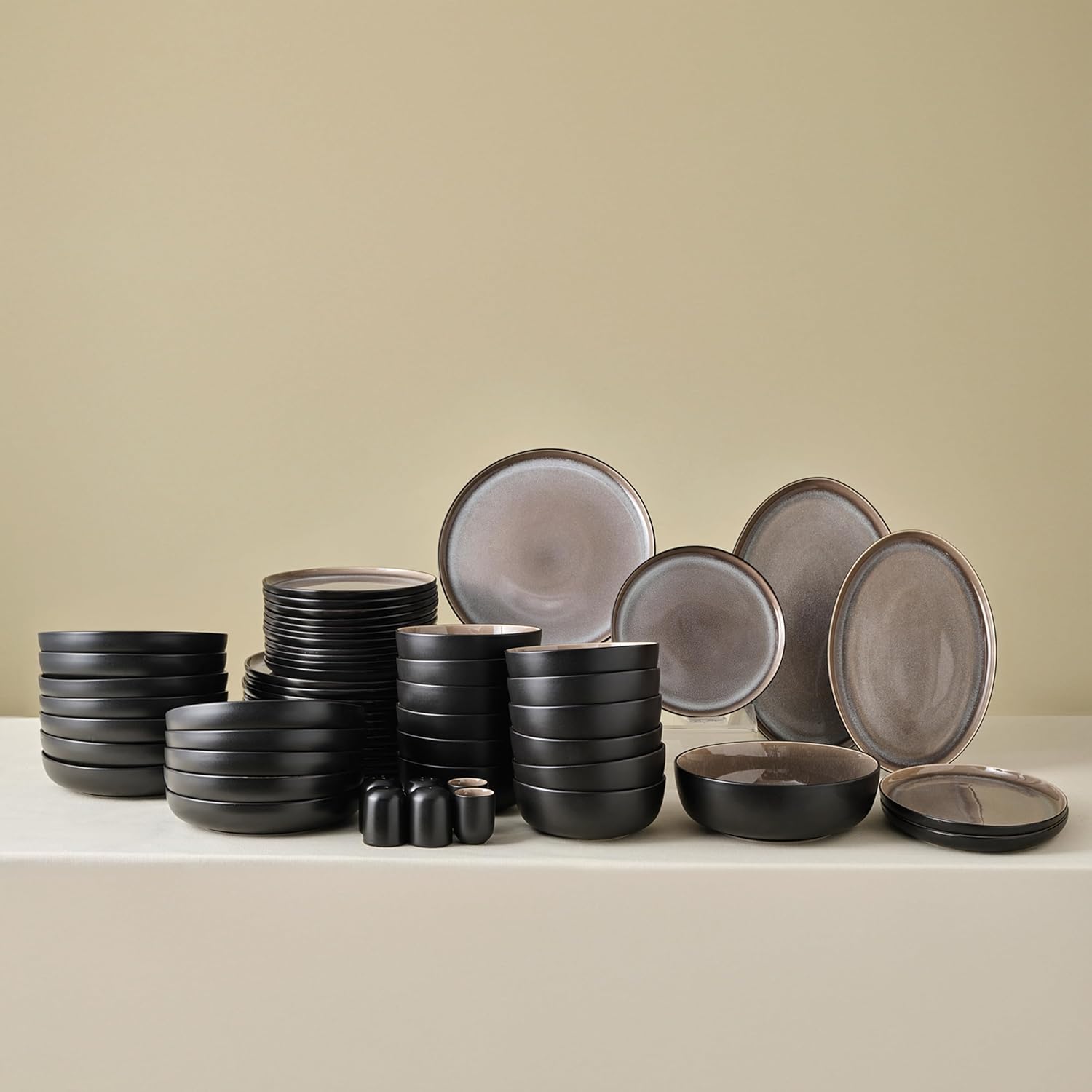 Karaca Mercure 59 Piece Stoneware Plates and Bowls Set, Reactive Glaze Black Dinner Set, Complete