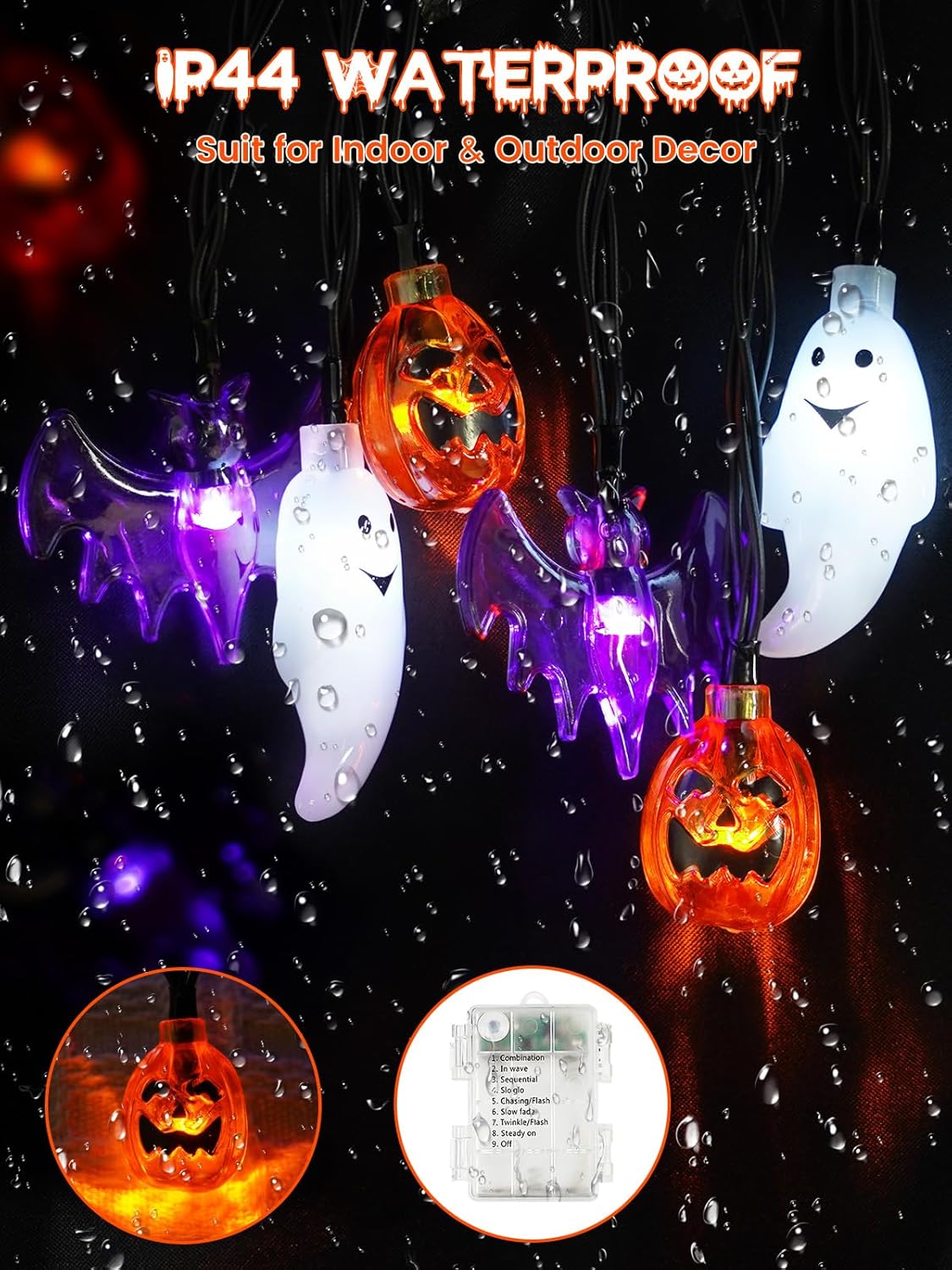 Halloween String Lights, 3D Pumpkin Bat Ghost Fairy Lights Battery Operated with Remote, 30LED