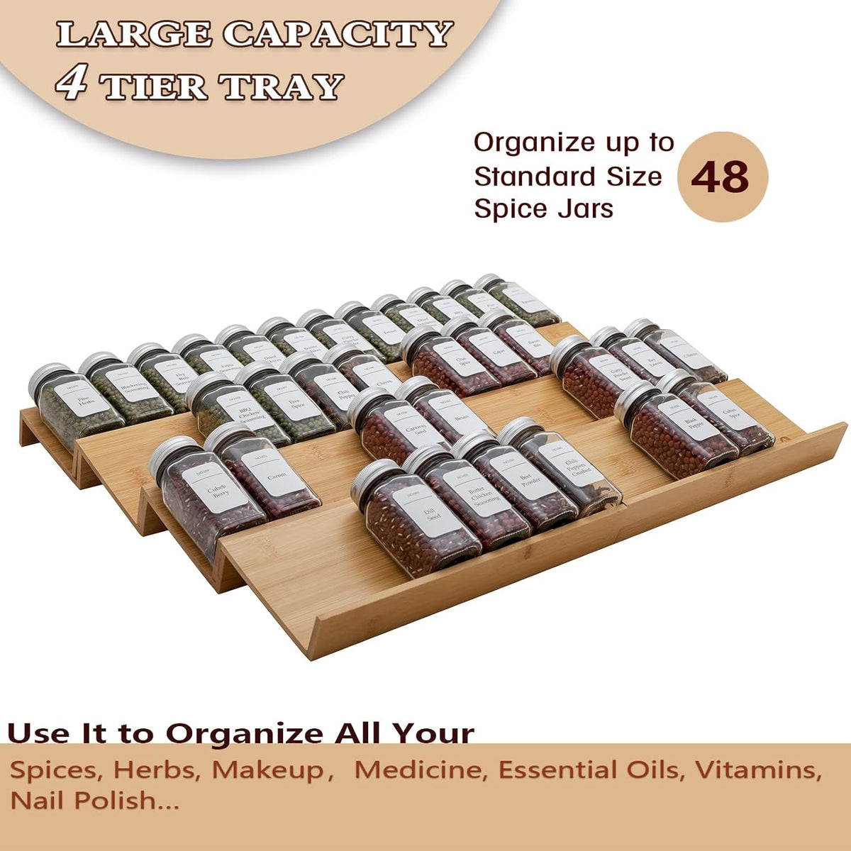 Bamboo Spice Rack Drawer Organizer - 8 Pieces Set- 11" Wide Per Piece - Combine Pieces Into 22"