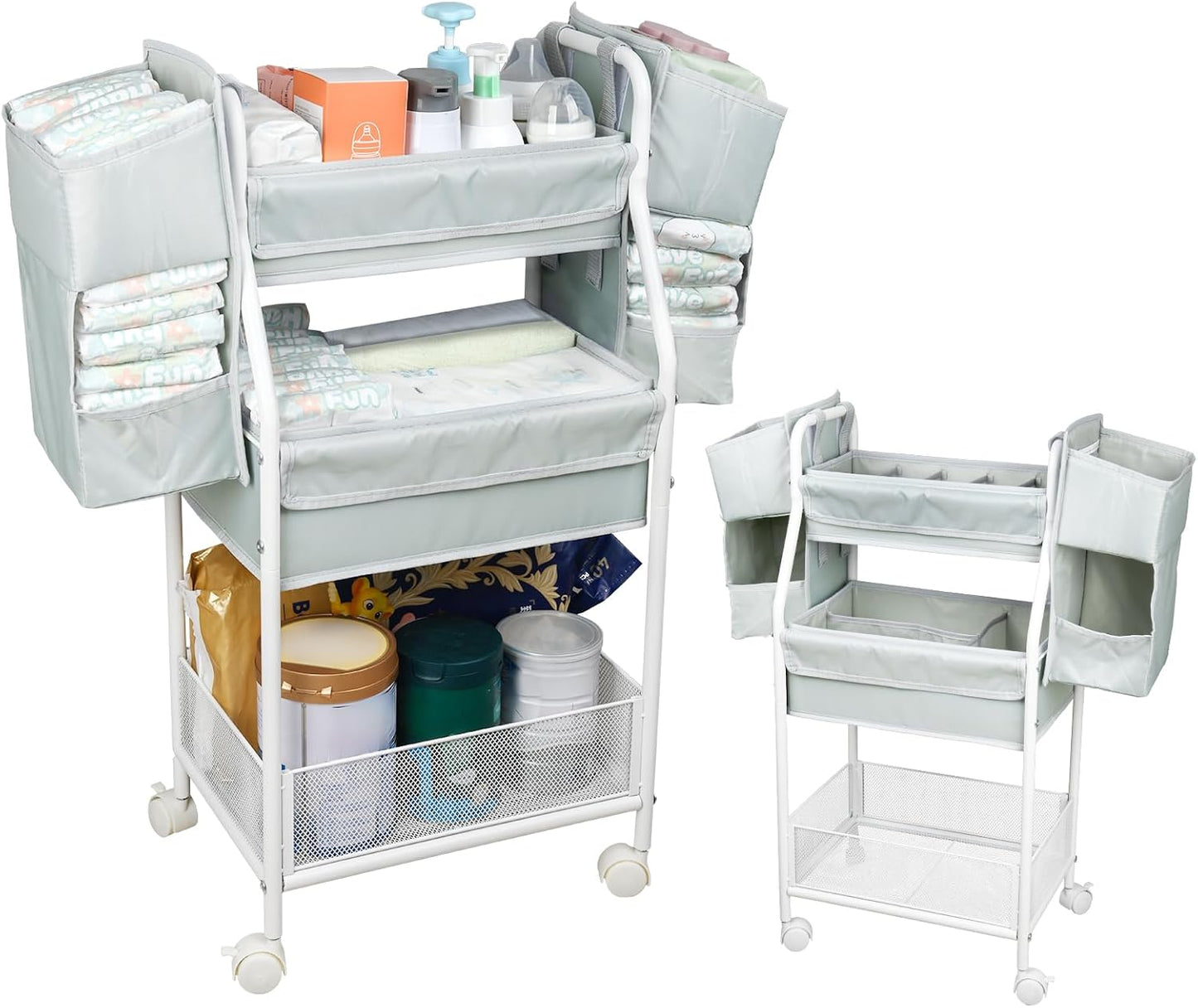 Moteph Rolling Utility Cart with Side Storage - Diaper Organizer, Nursery Essentials, and Craft