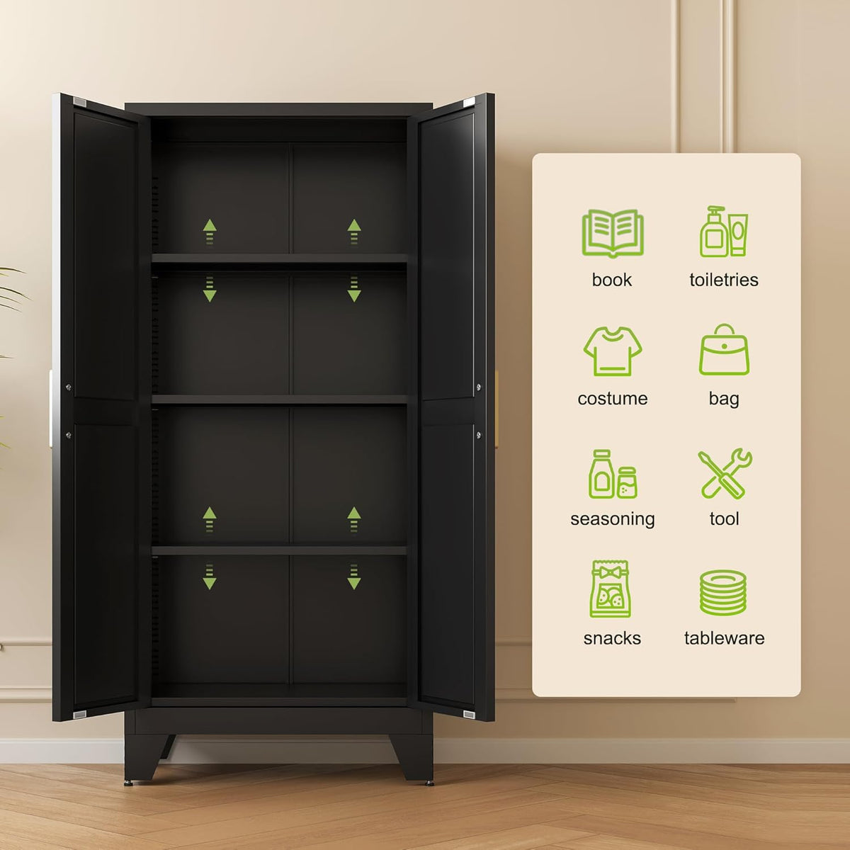 61" Tall Farmhouse Metal Pantry Cabinet, Kitchen Pantry Storage Cabinets with 2 Barn Door and