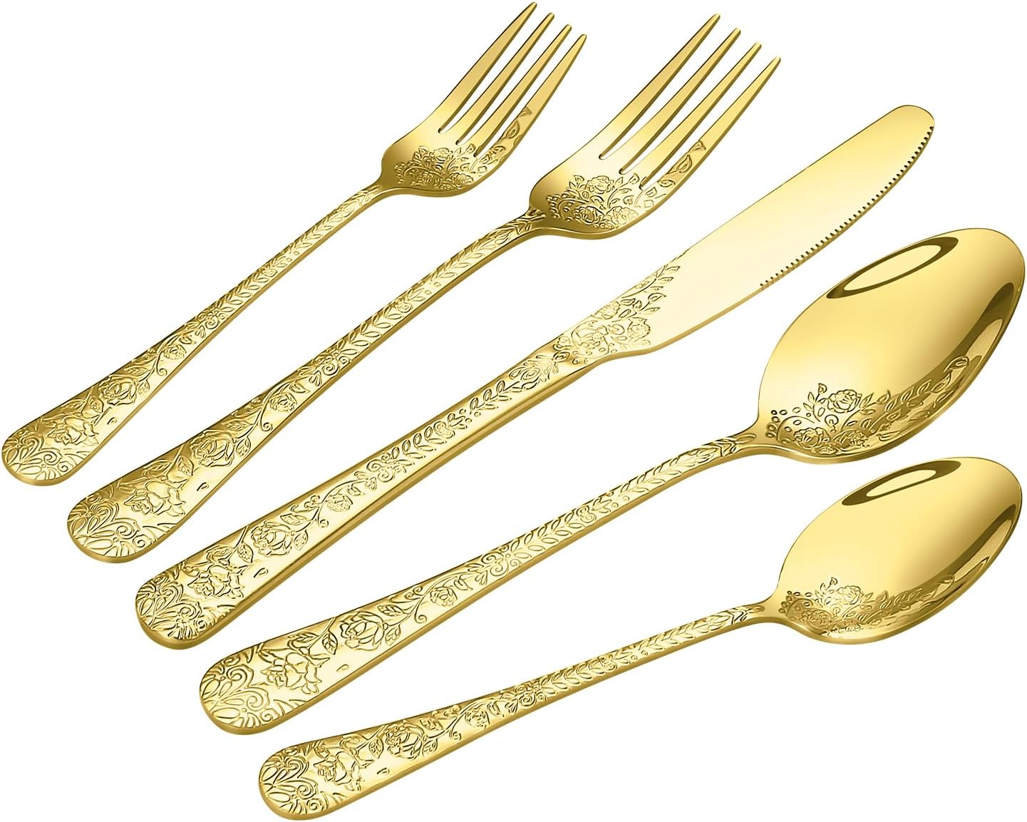 Floral 40 Pcs Gold Silverware Set for 8, Food Grade Stainless Steel Flatware Set with Rose Flower