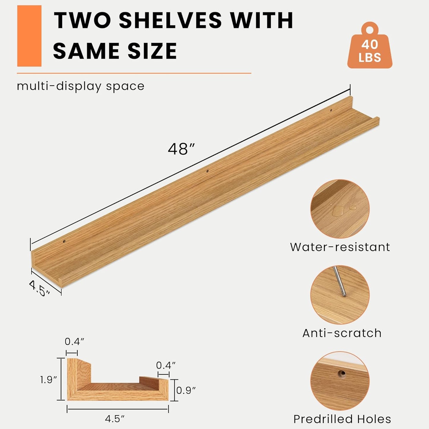 Heimlove Picture Ledge Shelf, Floating Shelves Set of 2, 48 Inches Picture Shelf for Wall with