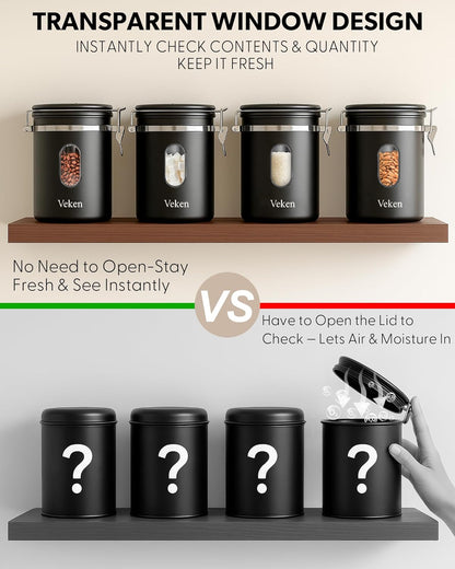 Veken Coffee Canister with Window,Airtight Stainless Steel Container,Home Kitchen Food Storage
