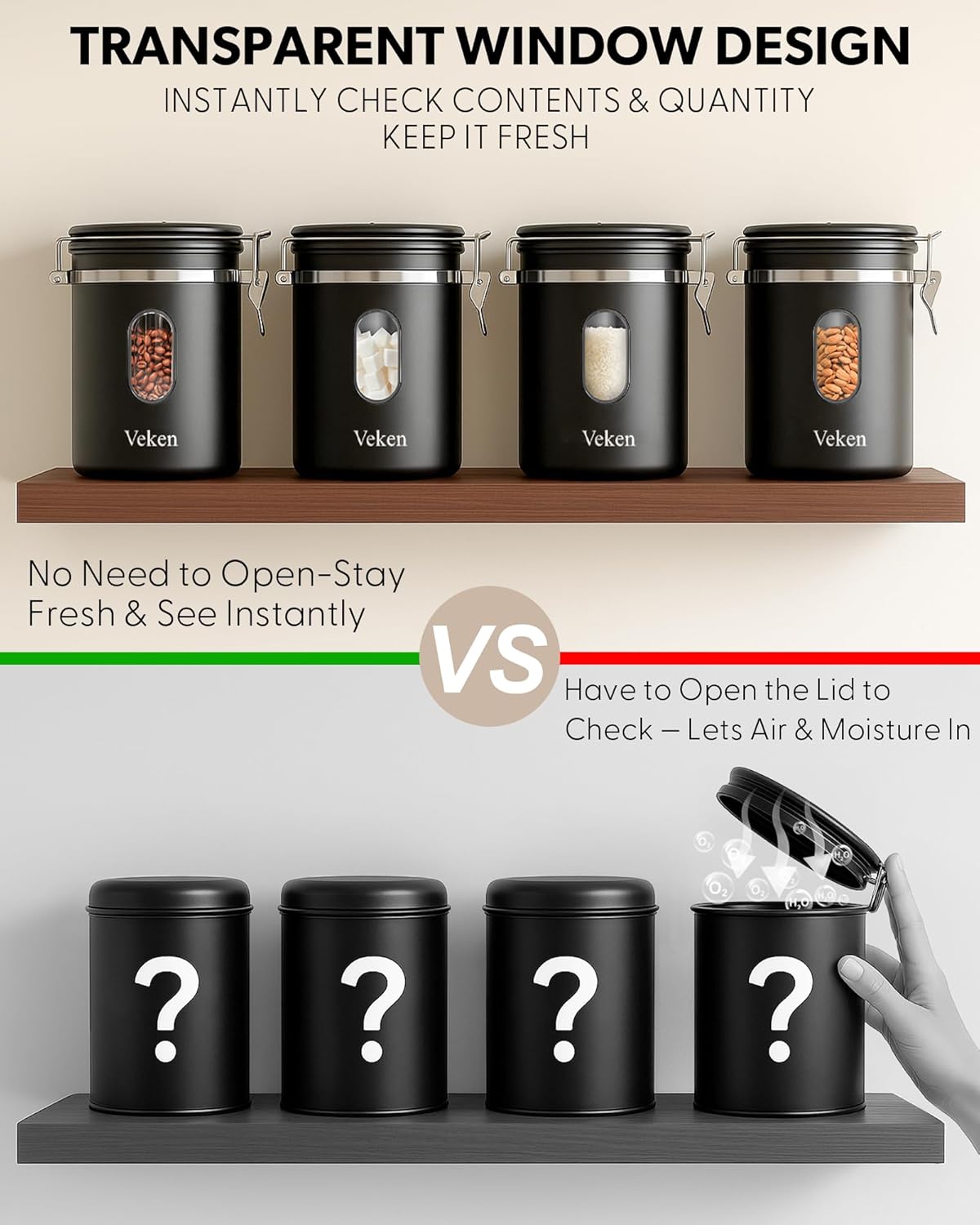 Veken Coffee Canister with Window, Airtight Stainless Steel Kitchen Food Storage Container with