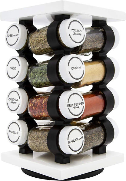Orii Spice Rack 16 Jar Set White Filled with Spices - Rotating Standing Rack Shelf Holder &