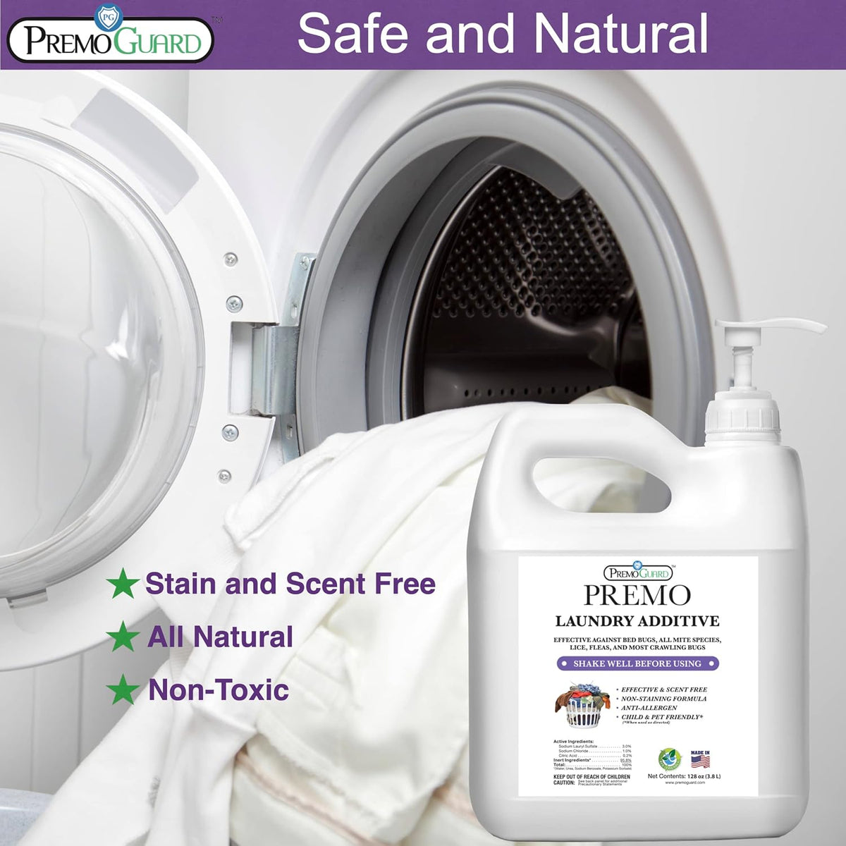 Premo Guard Bed Bug, Mite & Lice Laundry Detergent Additive 128 oz – Child & Pet Friendly – Stain &