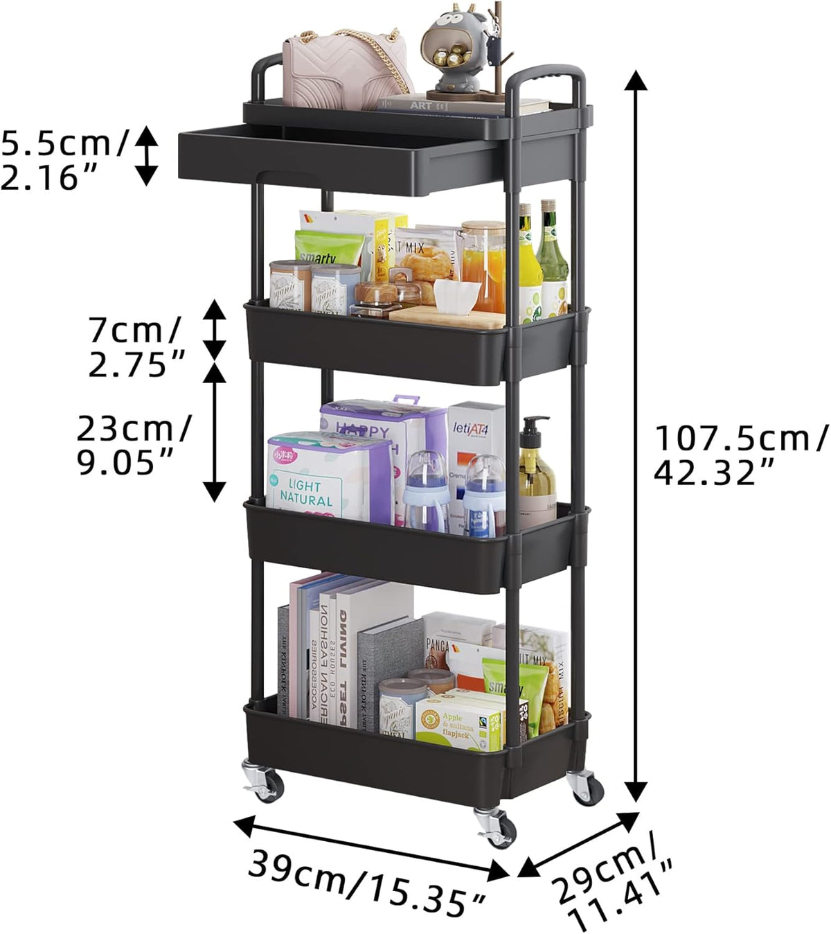 Calmootey 4-Tier Rolling Utility Cart with Drawer,Multifunctional Storage Organizer with Plastic