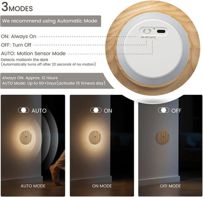Motion Sensor Night Light Wood Rechargeable Battery-Powered Stick-On Step Lights Loftie Lights