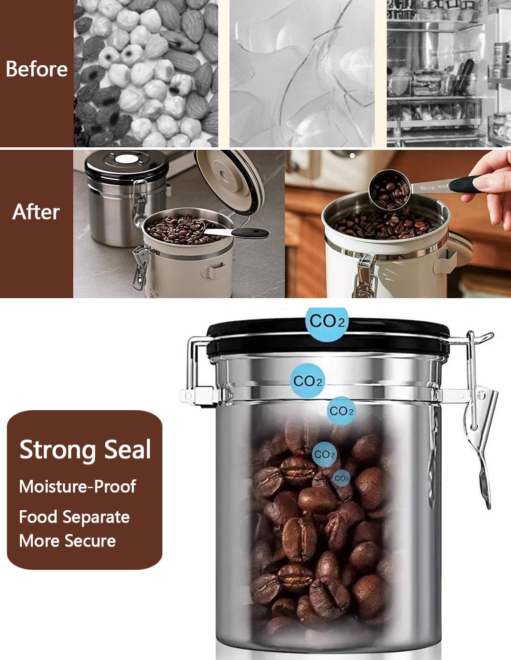 Coffee Canister Airtight Storage Container 1.8L Stainless Steel Air Tight Coffee Jar with Scoop