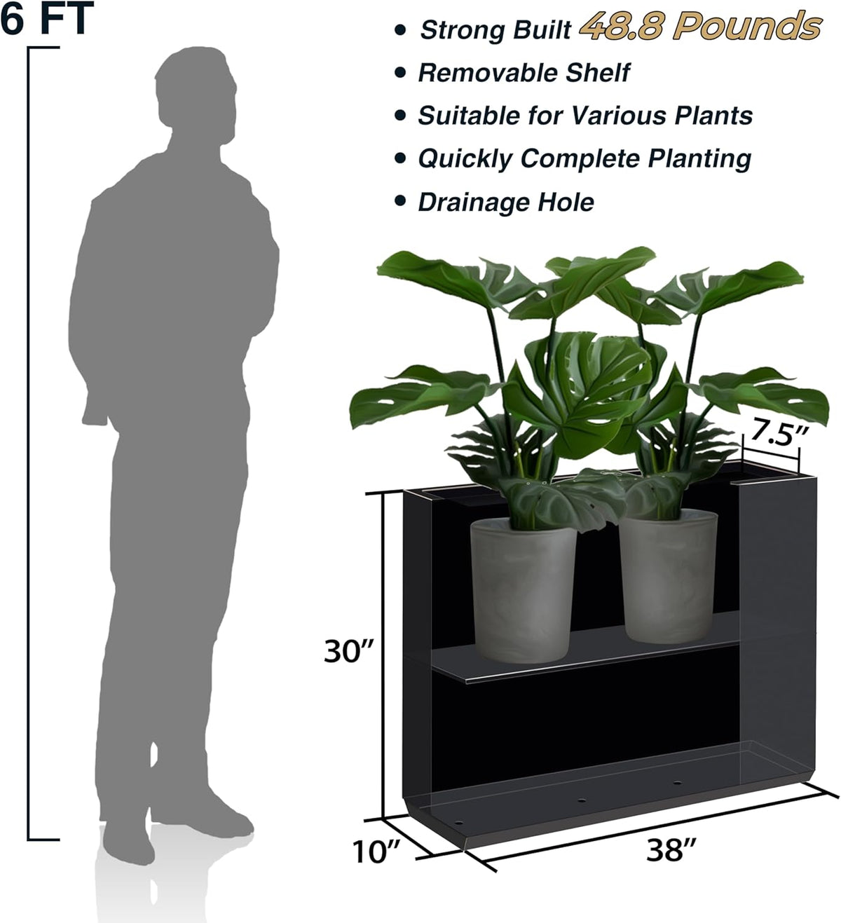 Metallic Heavy Planter for Outdoor Plants, 38Lx10Wx30H Inches Tall and Long Metal Divider Planter