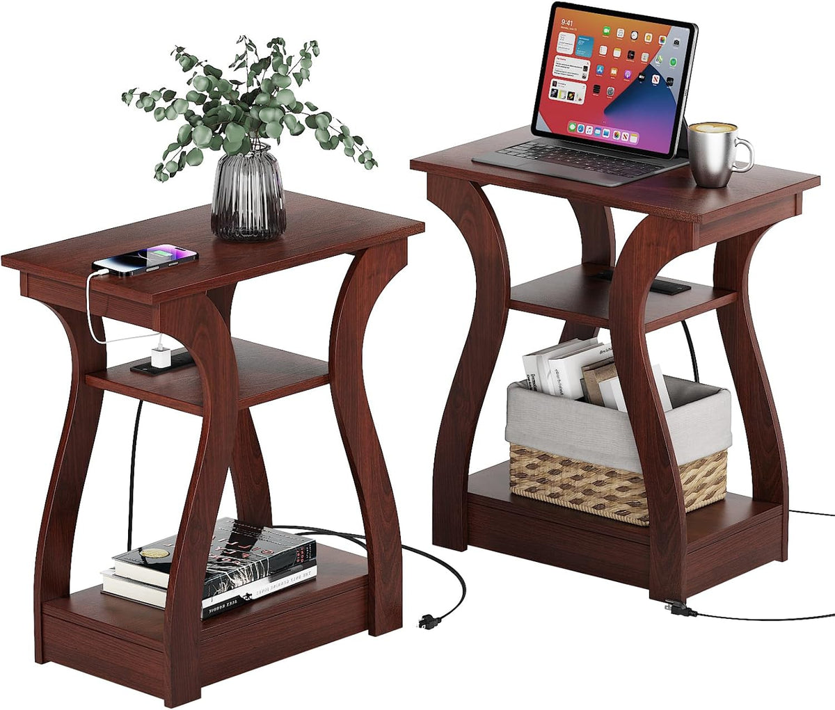 End Tables Living Room Set of 2,Cherry End Table with Charging Station,Side Table, Nightstand for