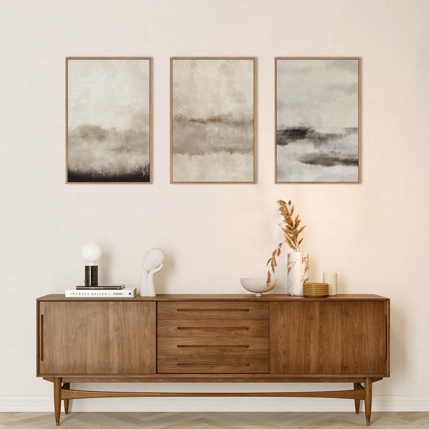 HPINUB Large Abstract Framed Canvas Wall Art Set,Minimalist Beige Gray Pastel Watercolor Wall