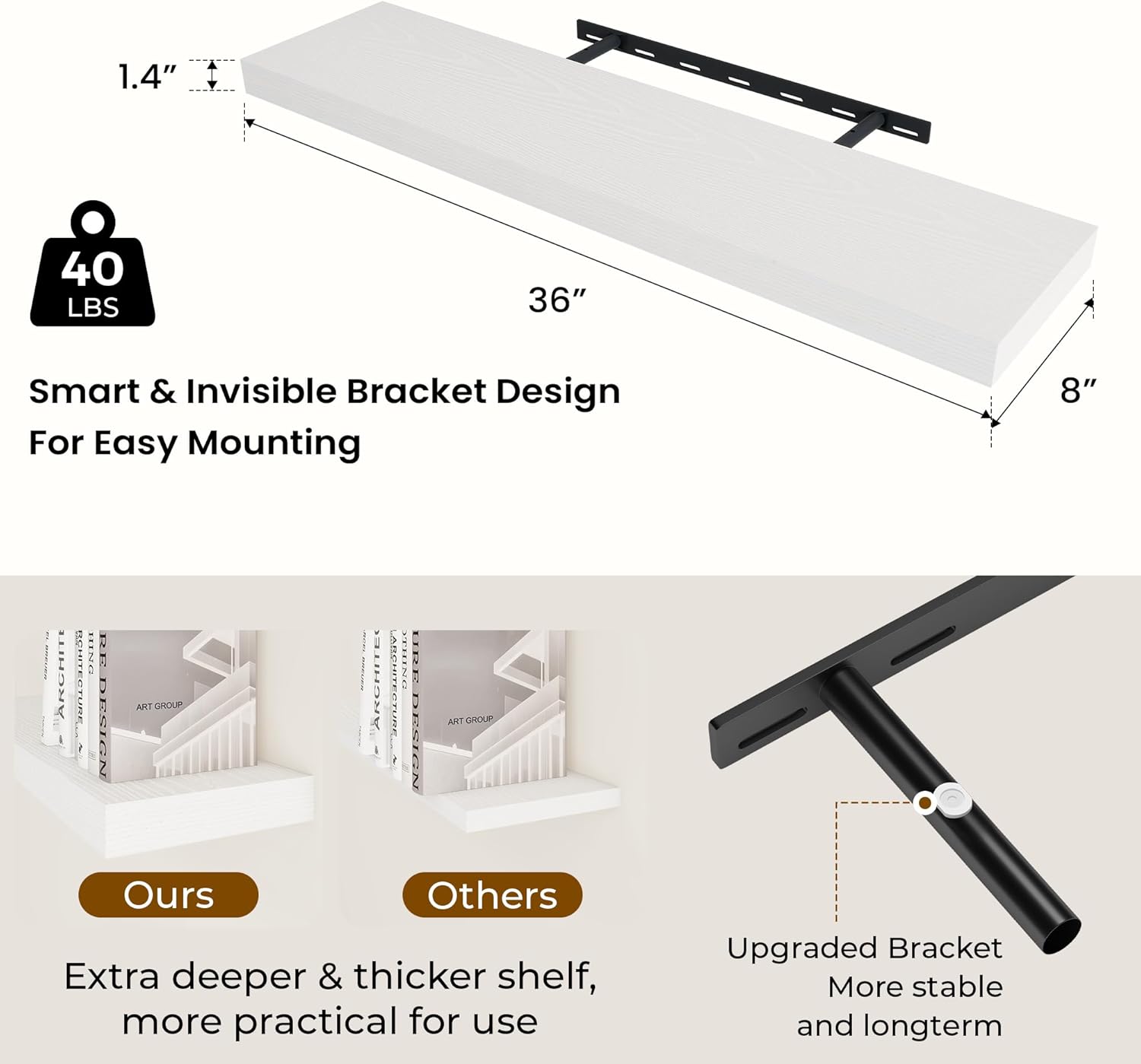 36 inch Floating Shelves Wall Shelves for Office with Invisible Brackets, 8 inch Deep Shelves for