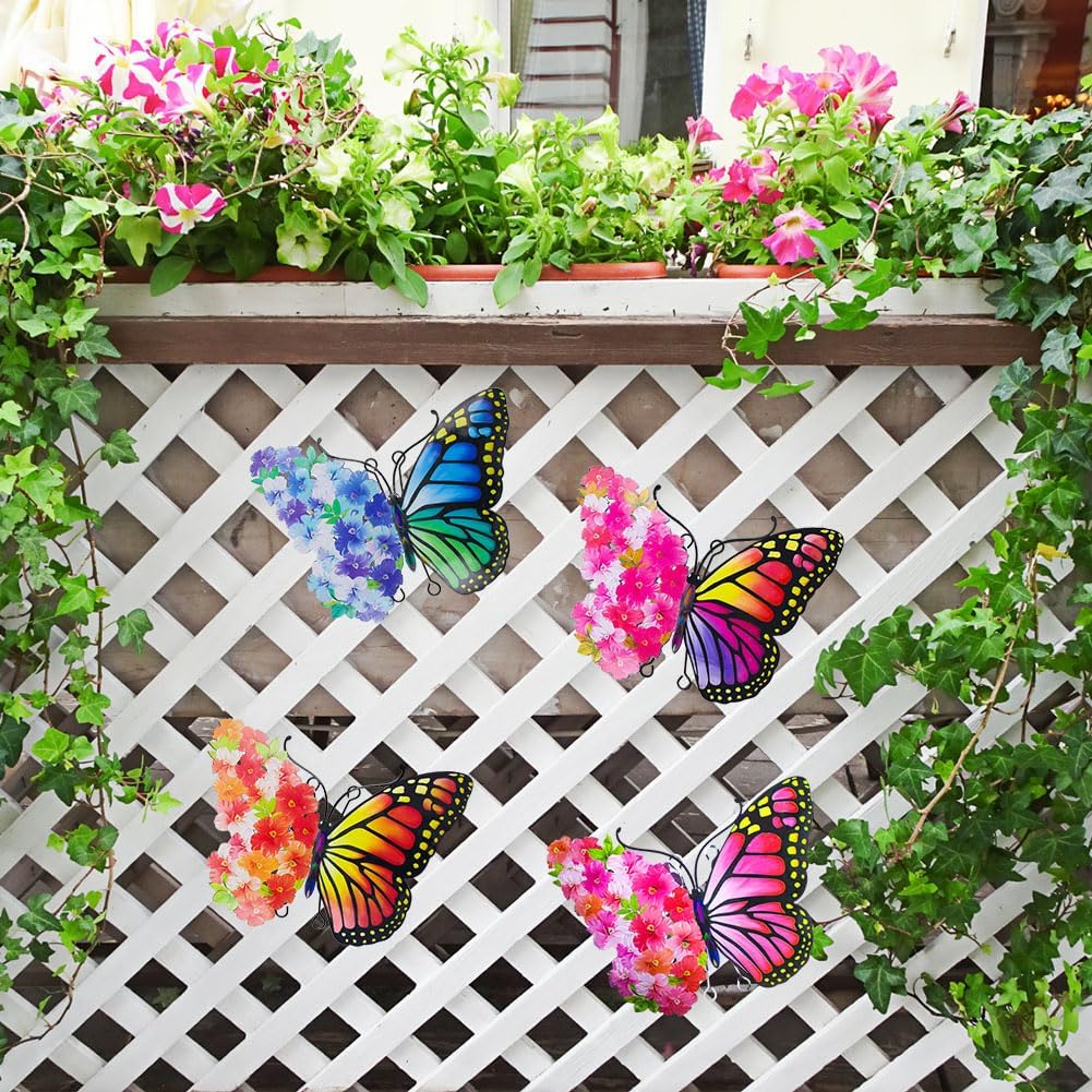 Metal Butterfly Wall Decor, 9.6" Outdoor Wall Decor Metal Yard Art, Flowers Wings Butterfly Outdoor