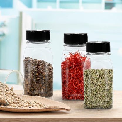 RoyalHouse 6 Pack 9.5 Oz Plastic Spice Jars with Black Cap, Clear and Safe Plastic Bottle