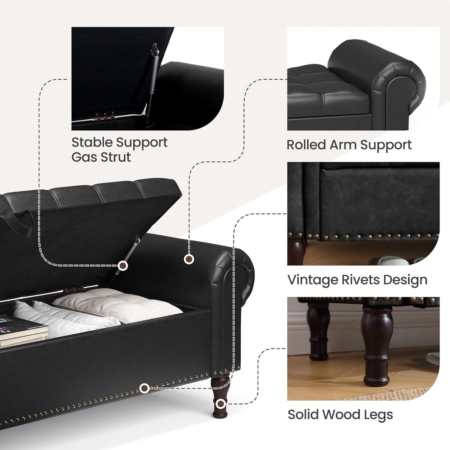 Storage Ottoman Bench for Bedroom, 51" Upholstered Bedroom Bench with Rolled Arms and Vintage