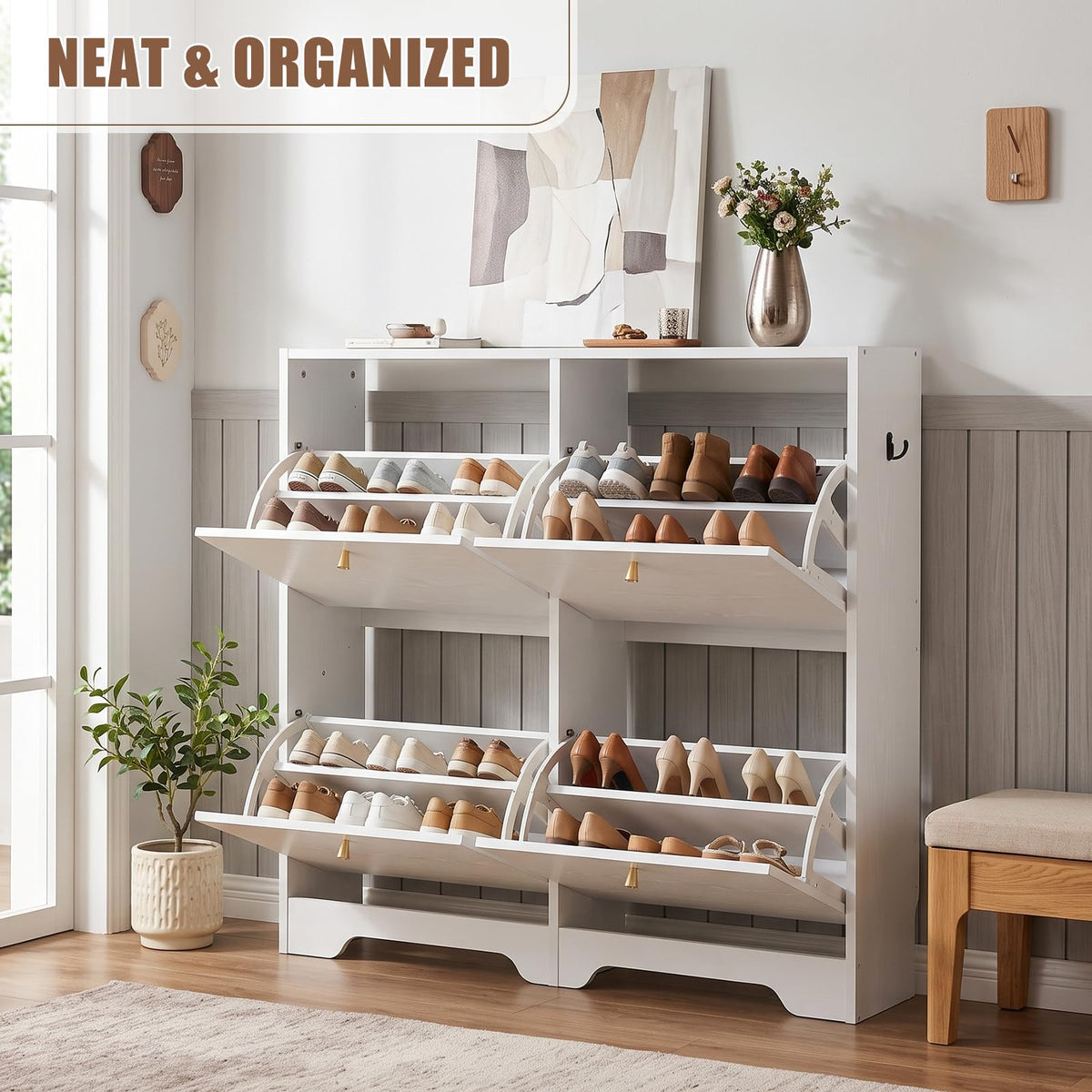 Nicetree Shoe Cabinet, 4 Flip Drawers Slim White Entryway Storage