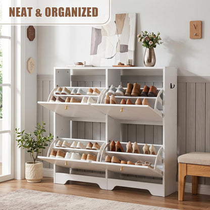 Nicetree Shoe Cabinet, 4 Flip Drawers Slim White Entryway Storage