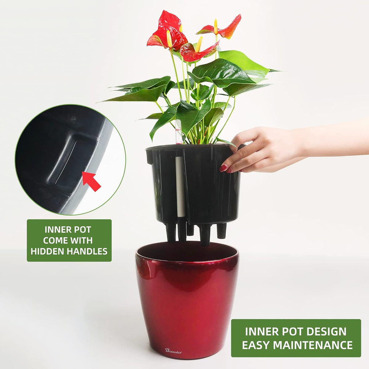 Dexceder 9x8 Inches High Gloss Self Watering Planter Indoor Outdoor, Inner Pot Design, Thickened
