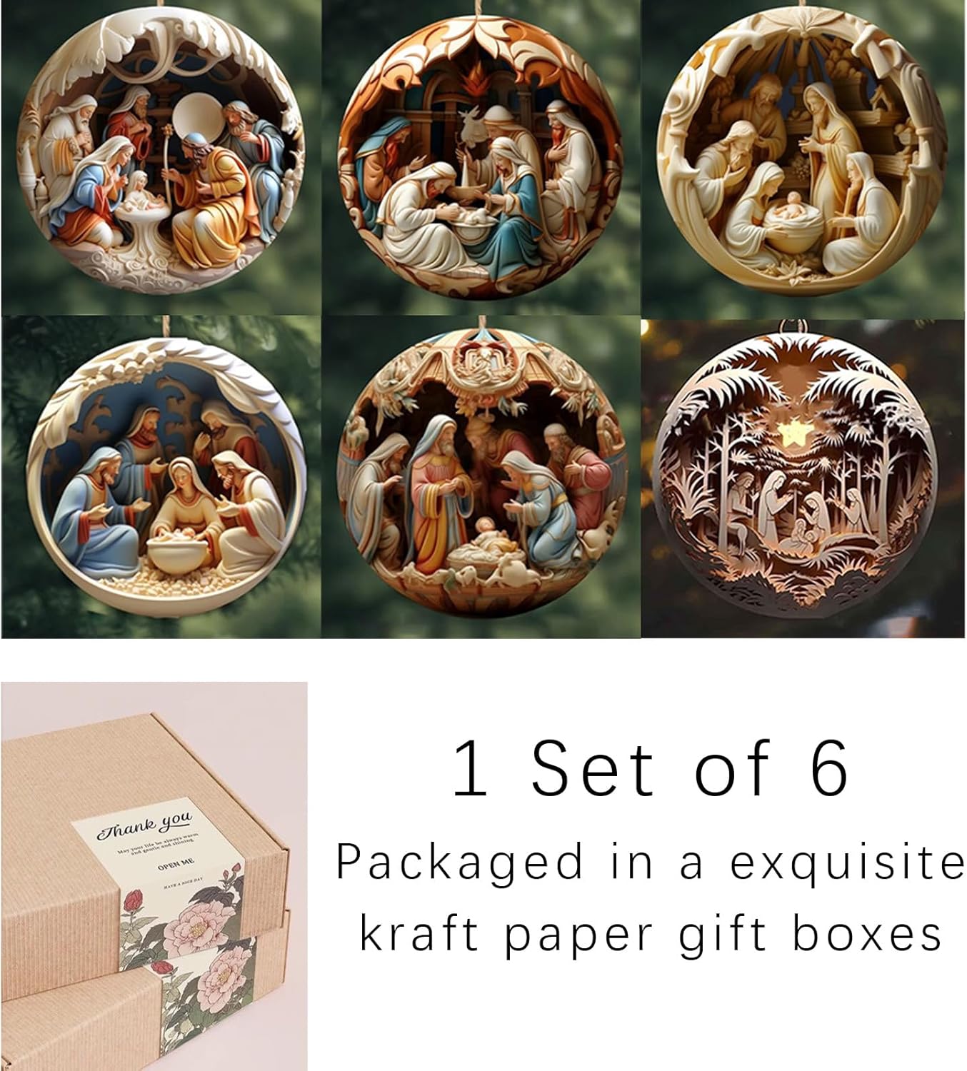 6 Pack Nativity Scene Ornaments - 3.15'' Diameter & Gifts Boxed Keepsake | Christmas Tree Nativity