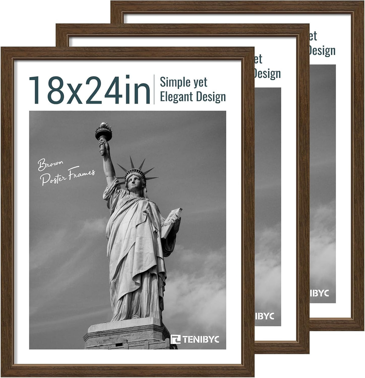 18x24 Poster Frame 3 Pack - Brown Woodgrain, Wood Picture frame, Gallery Picture Frame - Wall