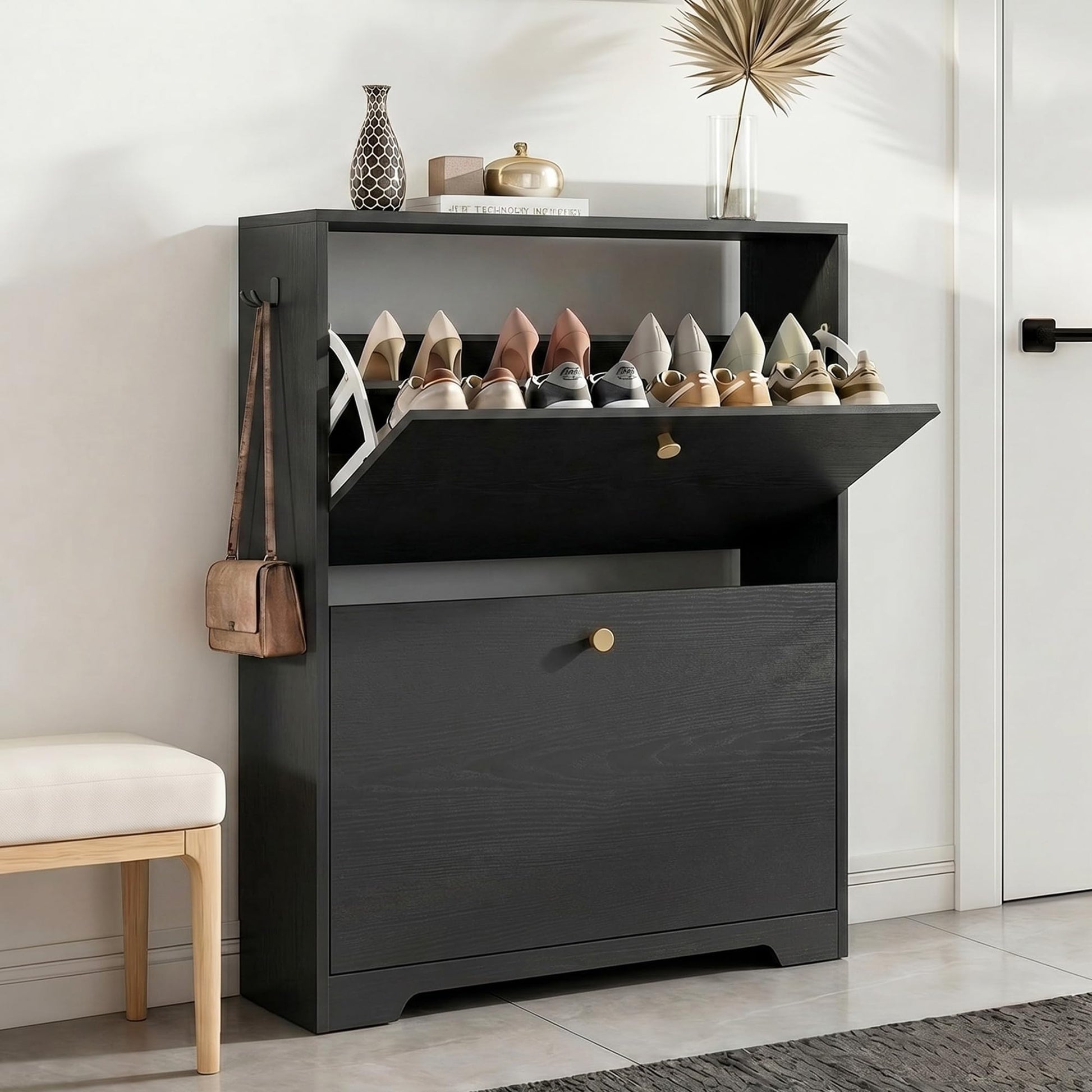 Nicetree Shoe Cabinet with 2 Flip Drawers, Entryway Shoes Organizer, Black