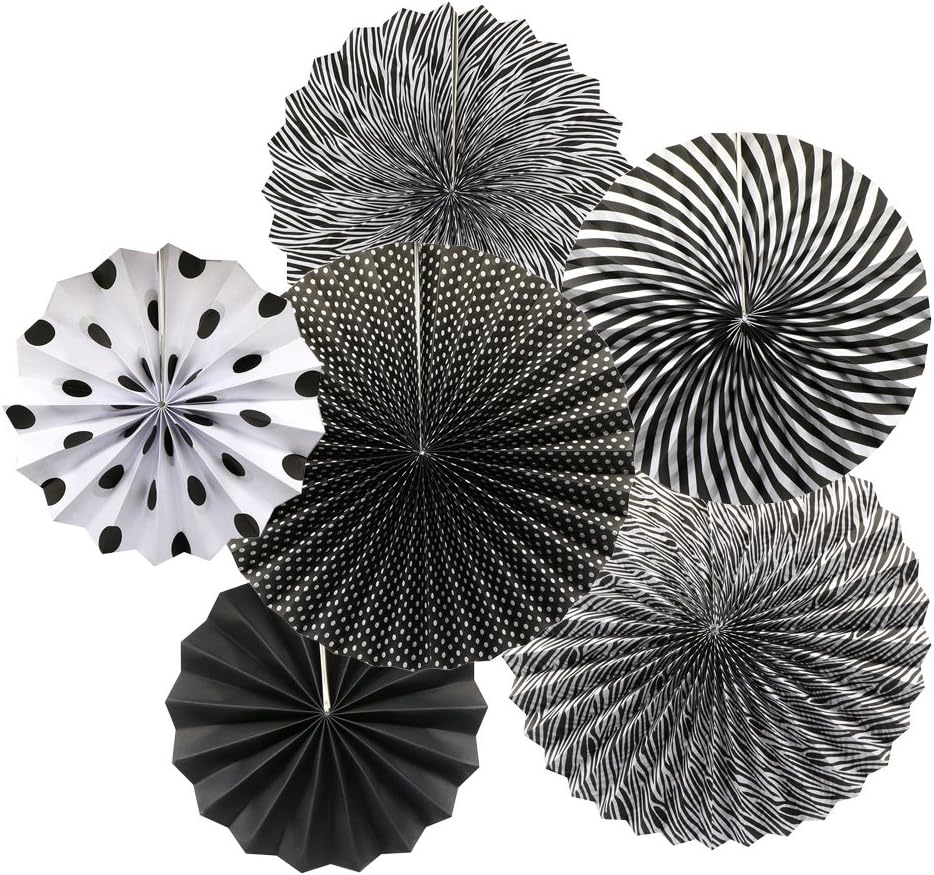 Party Hanging Paper Fans Set, Black Round Pattern Paper Garlands Decoration for Birthday Wedding