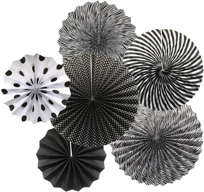 Party Hanging Paper Fans Set, Black Round Pattern Paper Garlands Decoration for Birthday Wedding