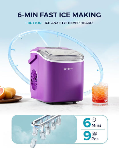 EUHOMY Countertop Ice Maker Machine with Handle, 26lbs Per Day, 9 Ice Cubes Ready in 6 Mins