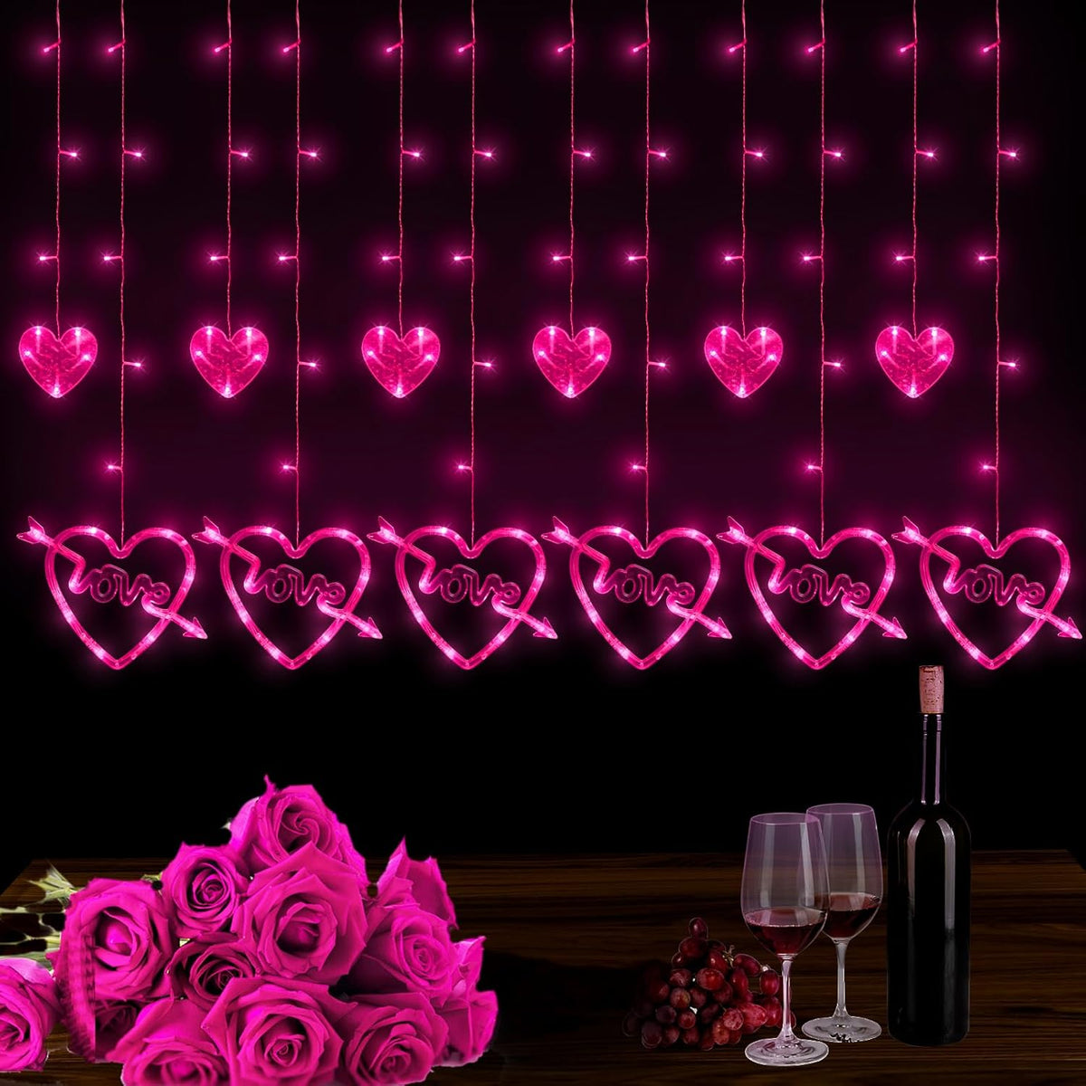 Valentines Day Decor, 138LED Love Heart Curtain Lights with Remote 8 Modes for Bedroom, USB and