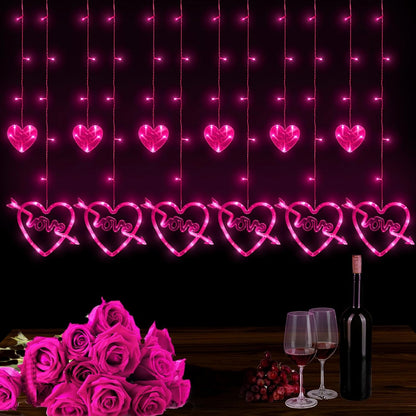 Valentines Day Decor, 138LED Love Heart Curtain Lights with Remote 8 Modes for Bedroom, USB and