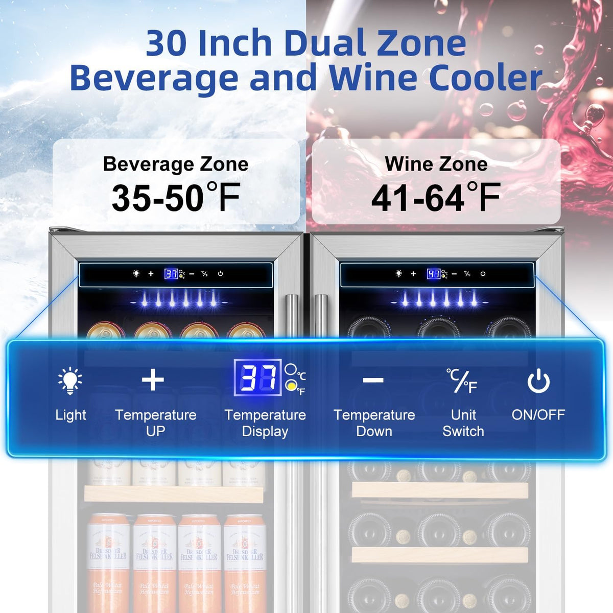 Tylza 30 Inch Wine and Beverage Refrigerator, Dual Zone Wine Beverage Cooler 30" with French Door